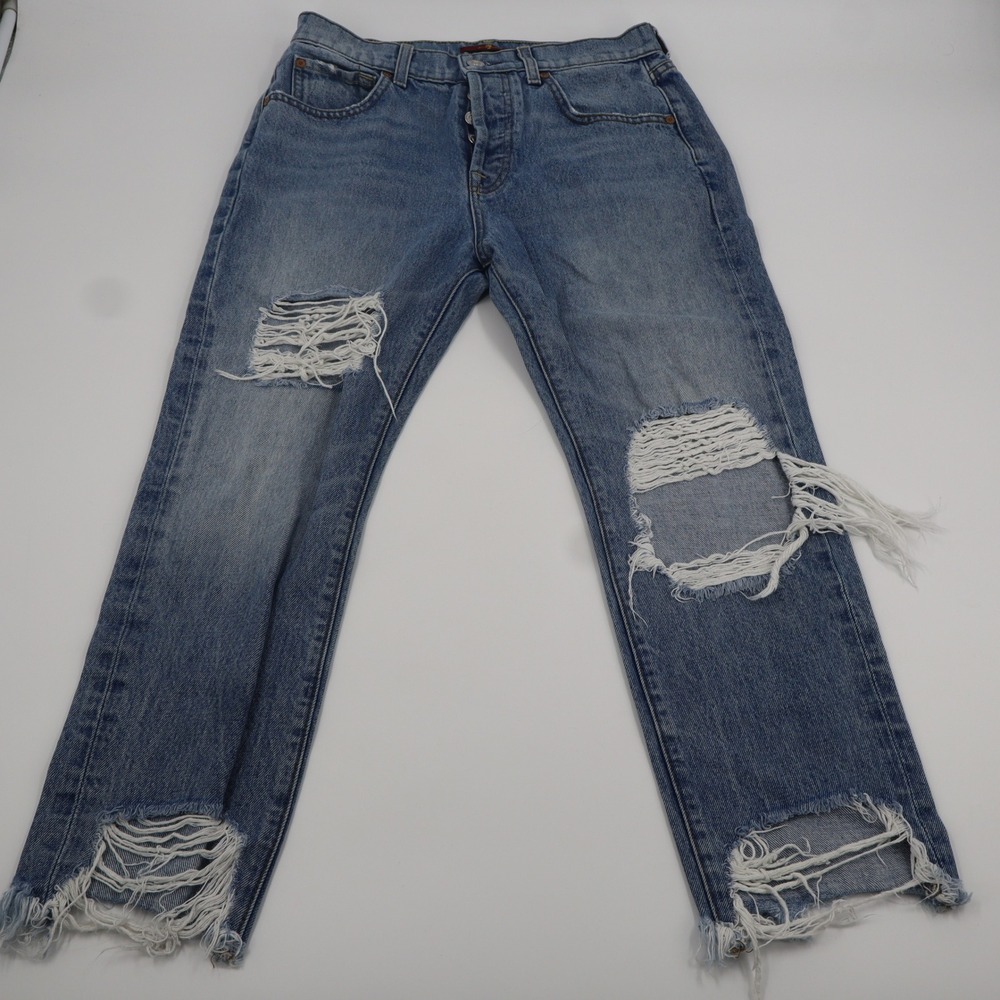 7 For All Mankind Distressed Straight Leg Jeans Blue Button Fly Size 25 USA